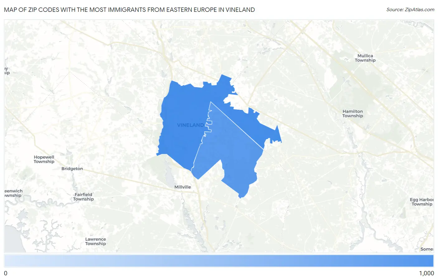 Zip Codes with the Most Immigrants from Eastern Europe in Vineland Map
