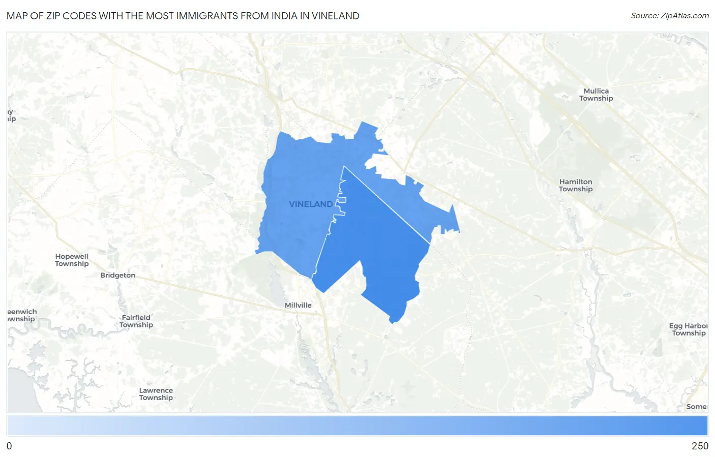 Zip Codes with the Most Immigrants from India in Vineland Map