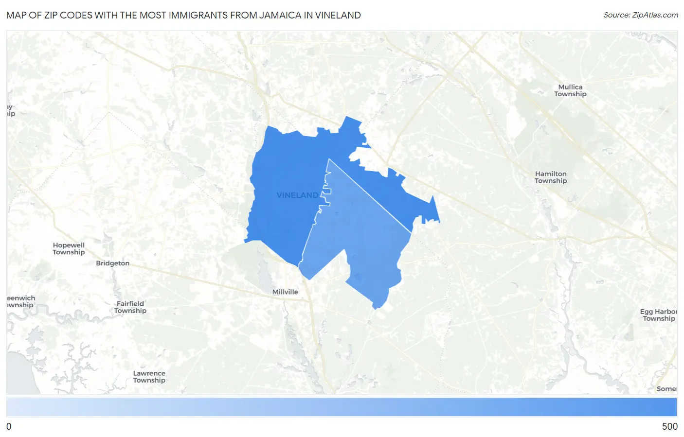 Zip Codes with the Most Immigrants from Jamaica in Vineland Map