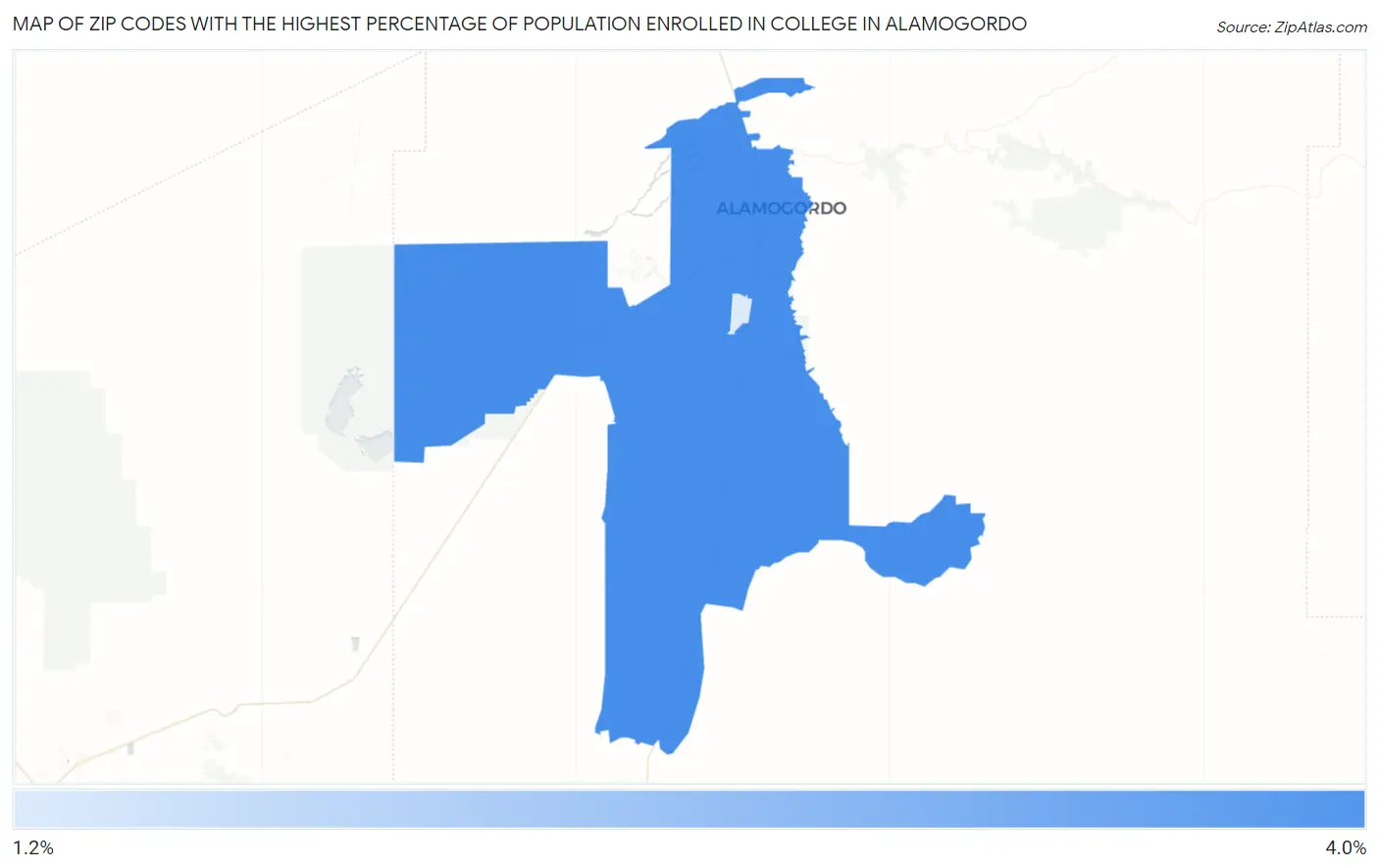 Zip Codes with the Highest Percentage of Population Enrolled in College in Alamogordo Map