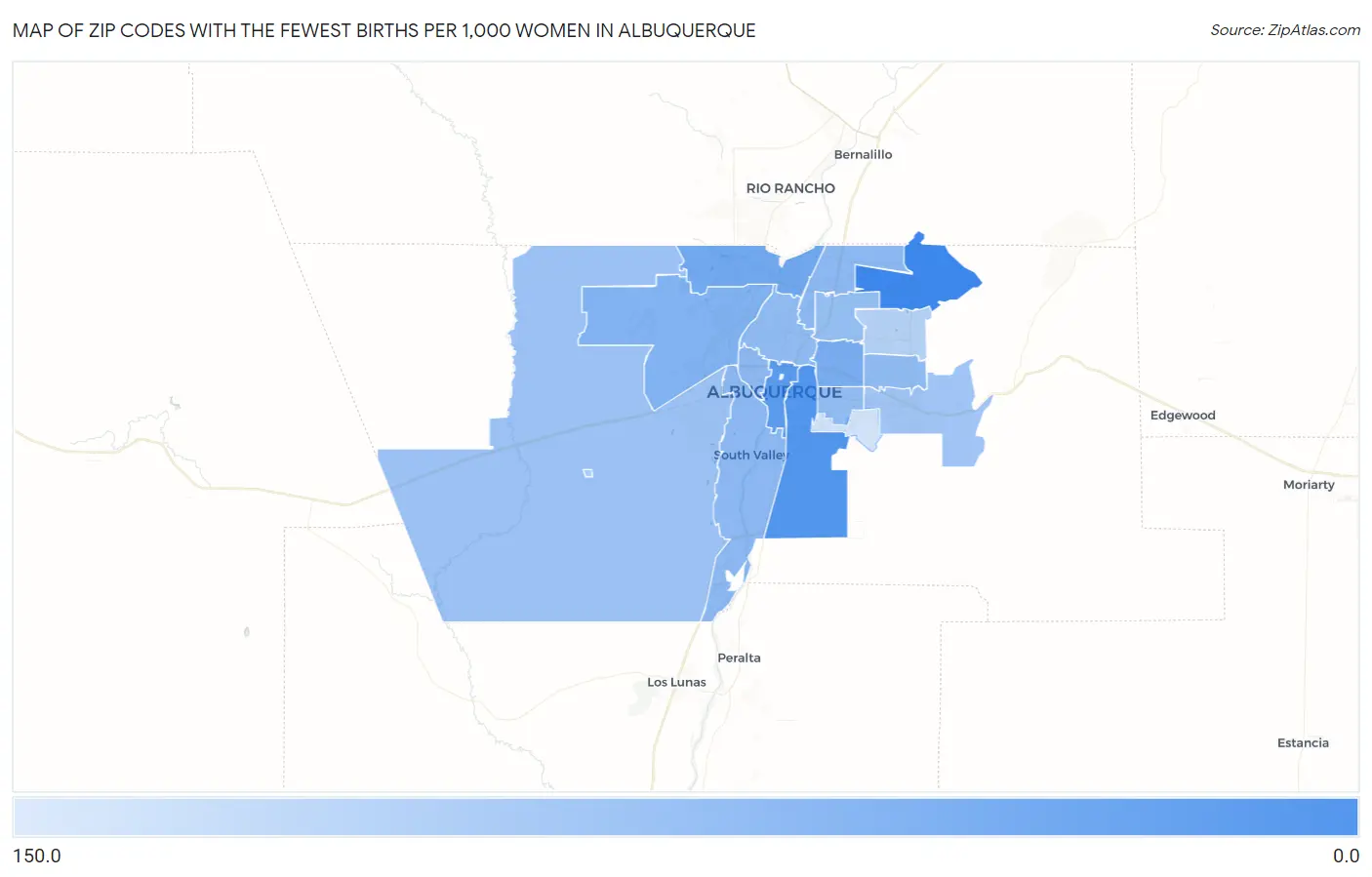 Zip Codes with the Fewest Births per 1,000 Women in Albuquerque Map