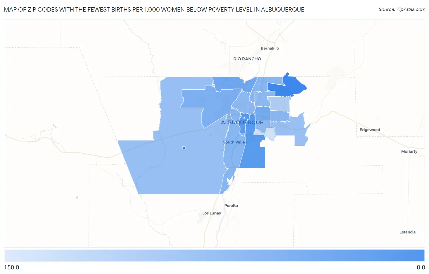 Zip Codes with the Fewest Births per 1,000 Women Below Poverty Level in Albuquerque Map