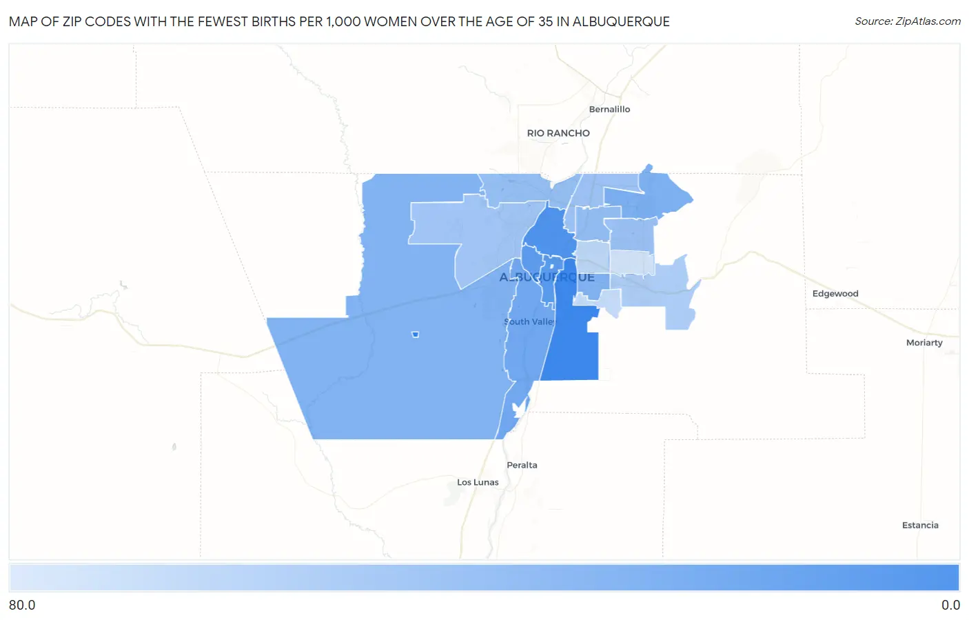 Zip Codes with the Fewest Births per 1,000 Women Over the Age of 35 in Albuquerque Map