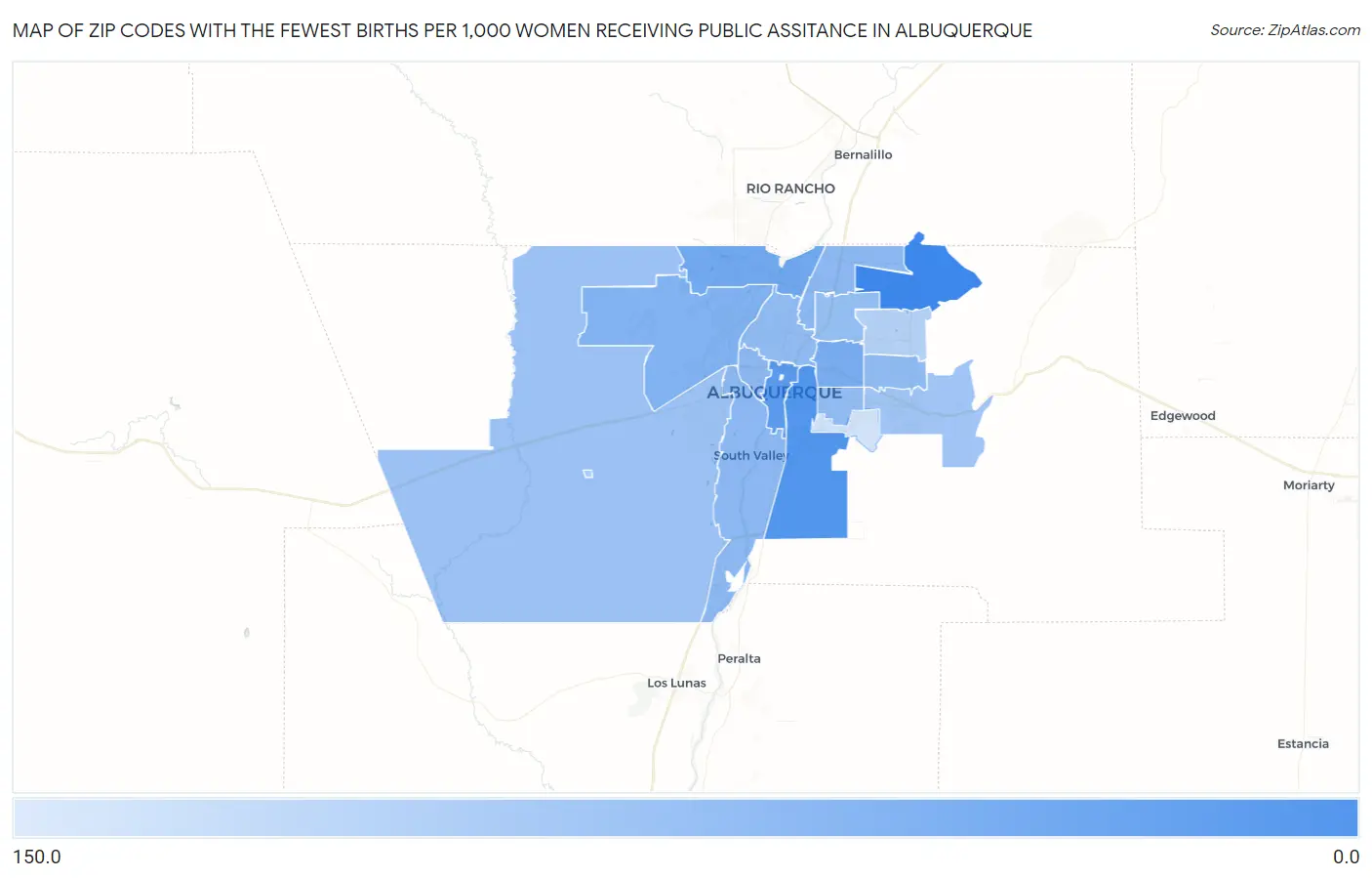 Zip Codes with the Fewest Births per 1,000 Women Receiving Public Assitance in Albuquerque Map