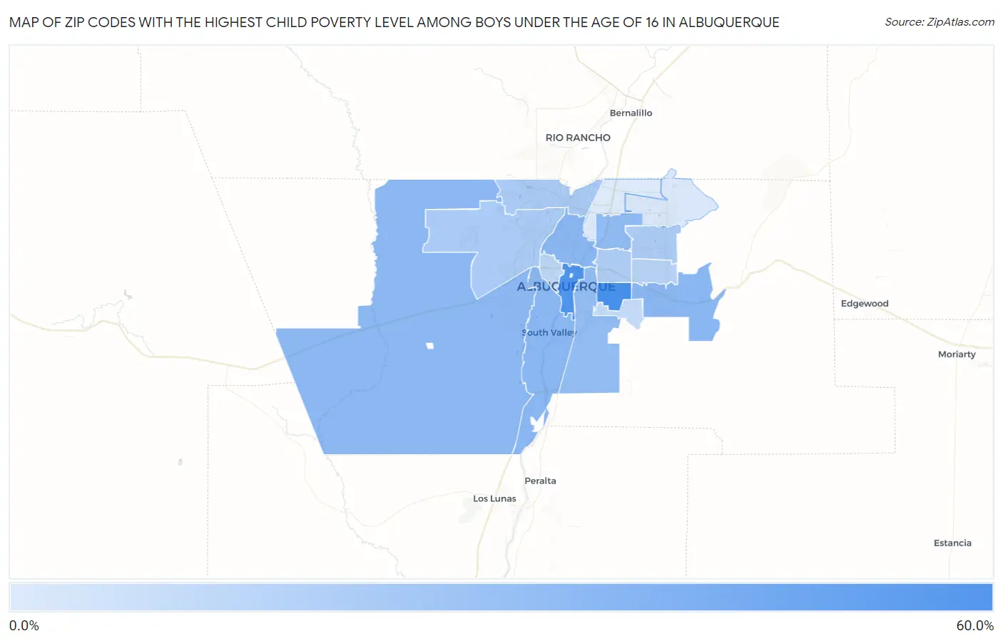 Zip Codes with the Highest Child Poverty Level Among Boys Under the Age of 16 in Albuquerque Map