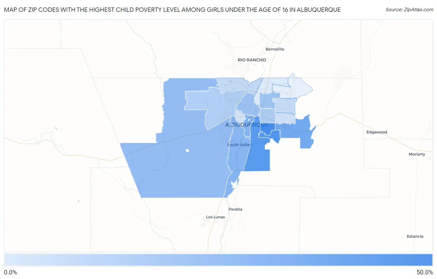 Zip Codes with the Highest Child Poverty Level Among Girls Under the Age of 16 in Albuquerque Map