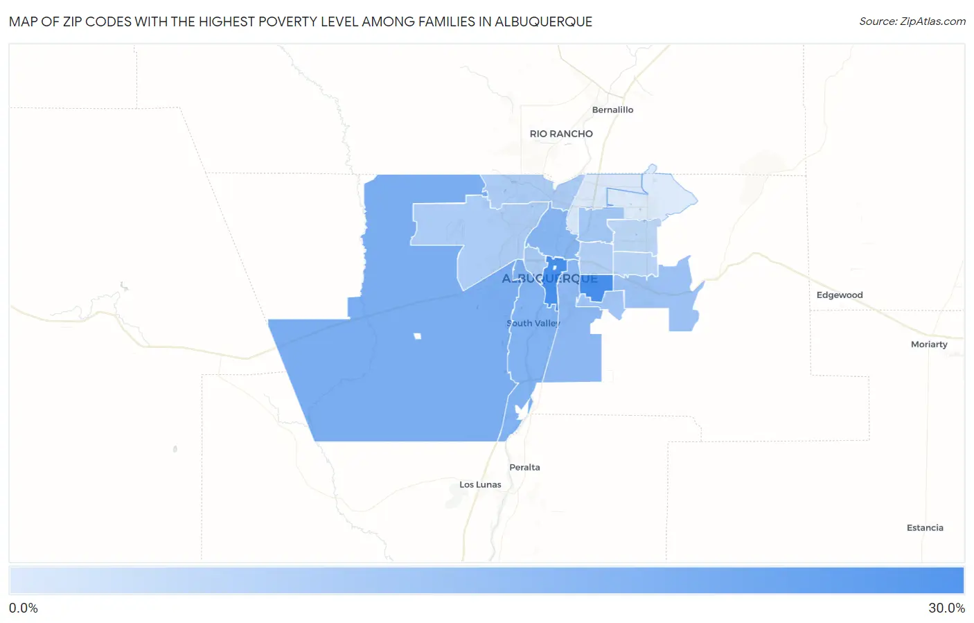 Zip Codes with the Highest Poverty Level Among Families in Albuquerque Map