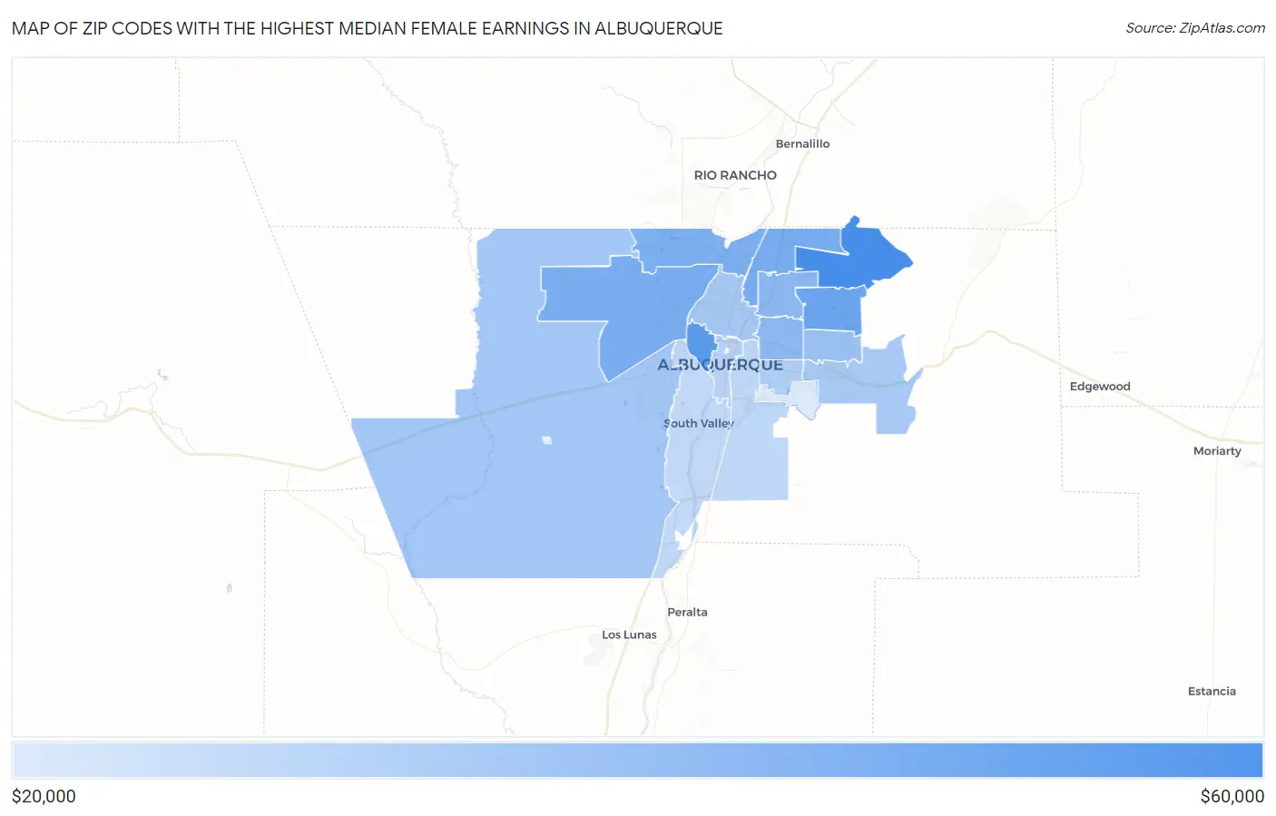 Zip Codes with the Highest Median Female Earnings in Albuquerque Map