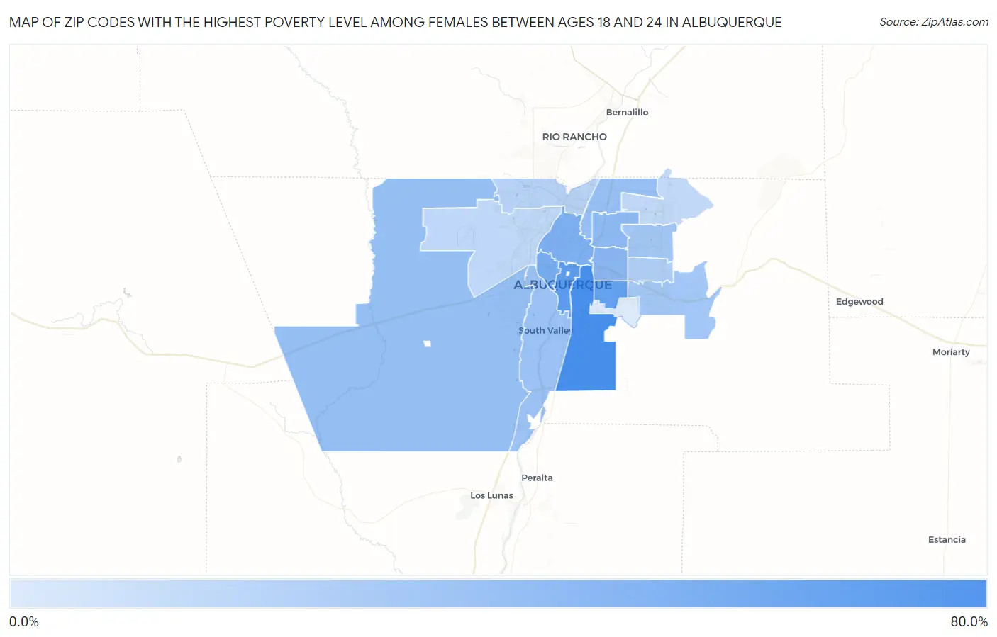 Zip Codes with the Highest Poverty Level Among Females Between Ages 18 and 24 in Albuquerque Map