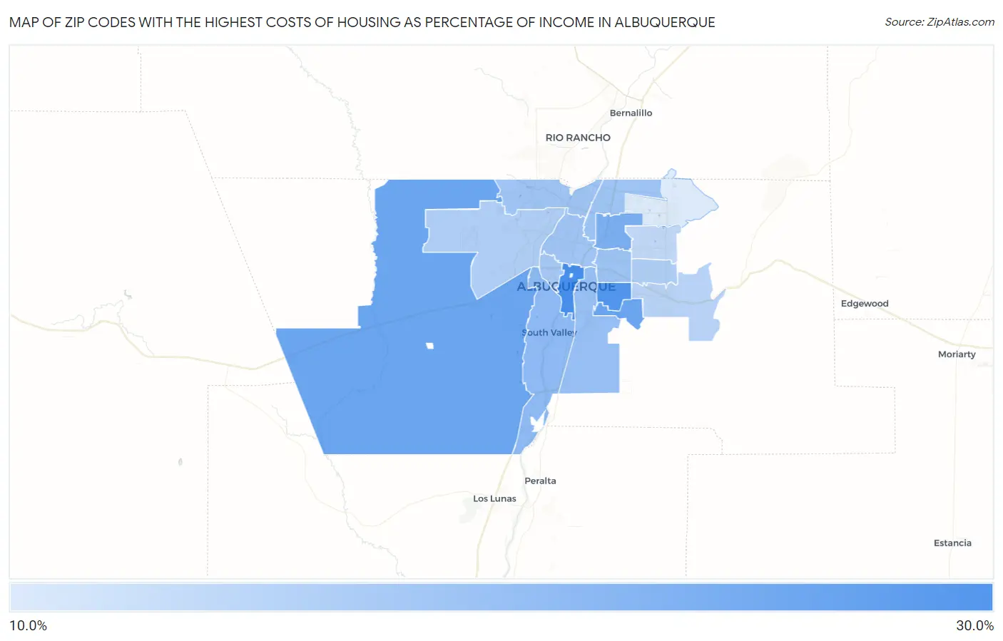 Zip Codes with the Highest Costs of Housing as Percentage of Income in Albuquerque Map