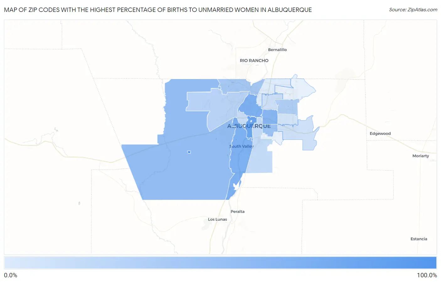 Zip Codes with the Highest Percentage of Births to Unmarried Women in Albuquerque Map