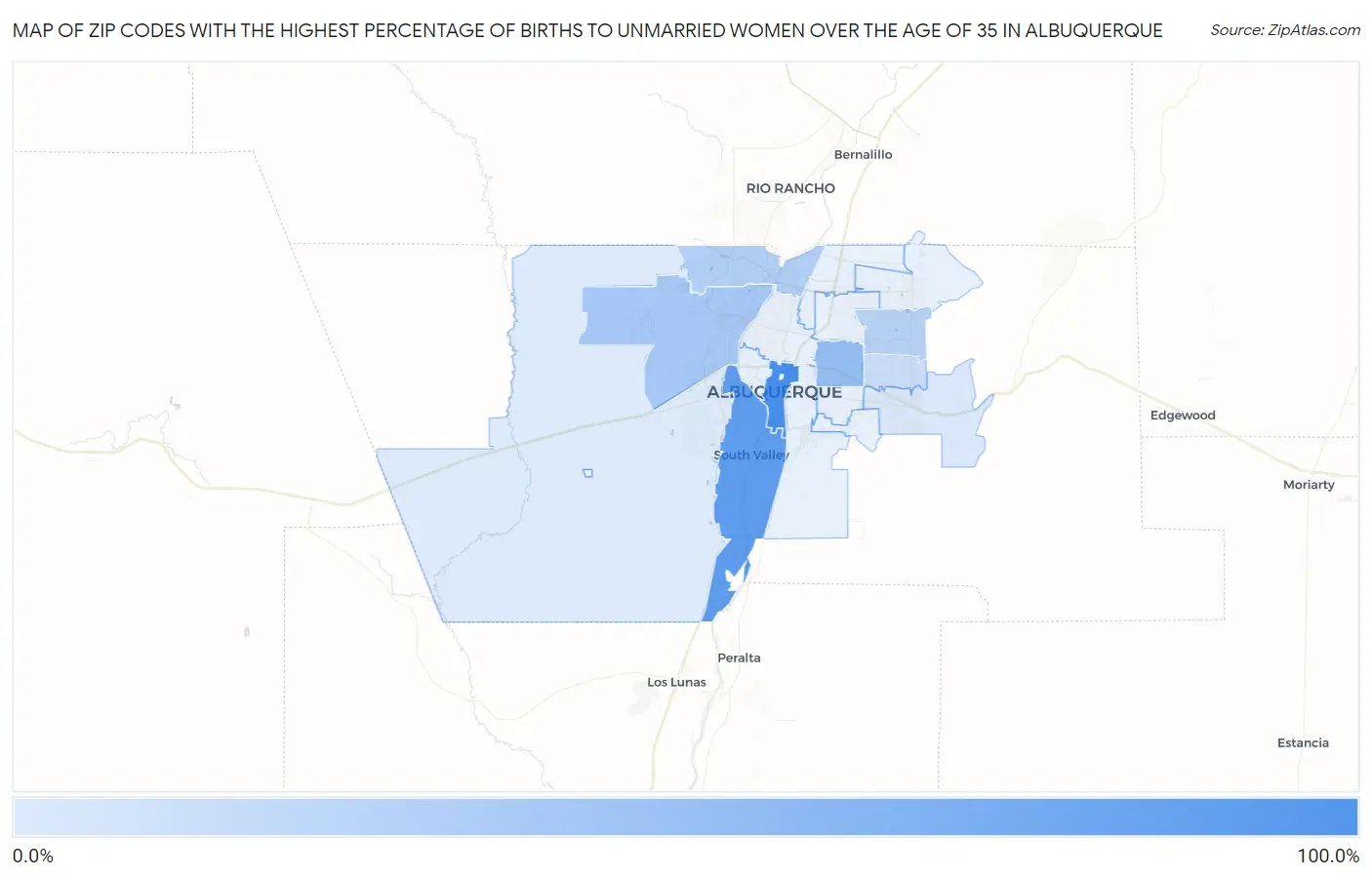 Zip Codes with the Highest Percentage of Births to Unmarried Women over the Age of 35 in Albuquerque Map