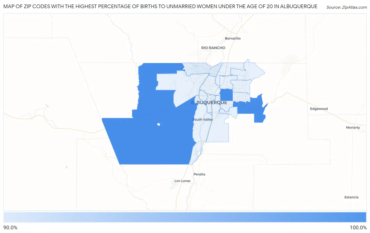 Zip Codes with the Highest Percentage of Births to Unmarried Women under the Age of 20 in Albuquerque Map