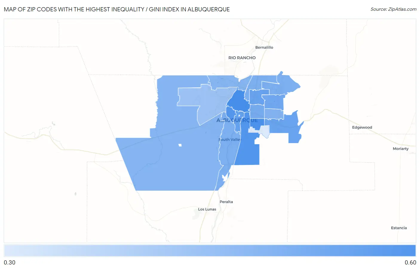 Zip Codes with the Highest Inequality / Gini Index in Albuquerque Map