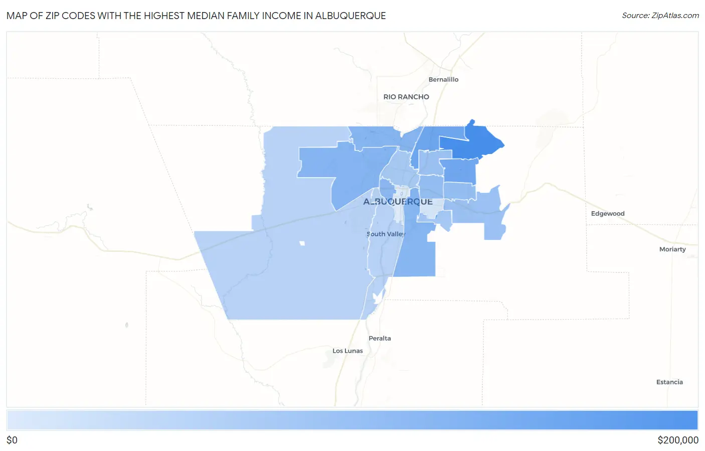 Zip Codes with the Highest Median Family Income in Albuquerque Map