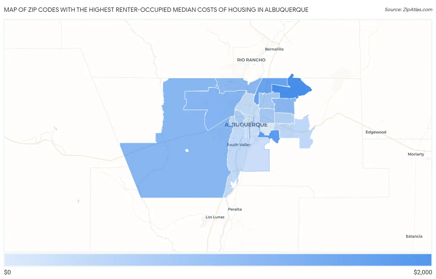 Zip Codes with the Highest Renter-Occupied Median Costs of Housing in Albuquerque Map