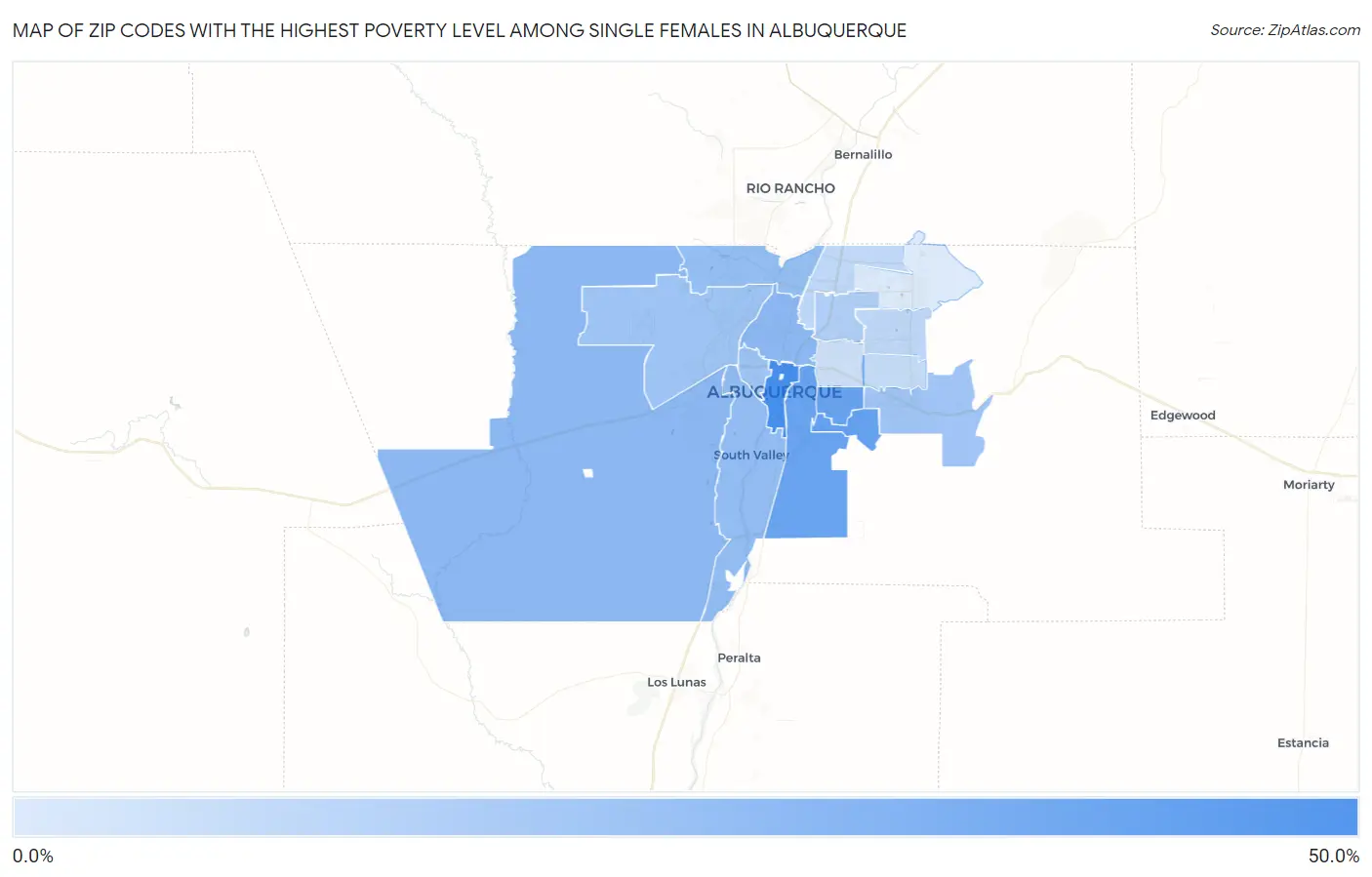 Zip Codes with the Highest Poverty Level Among Single Females in Albuquerque Map