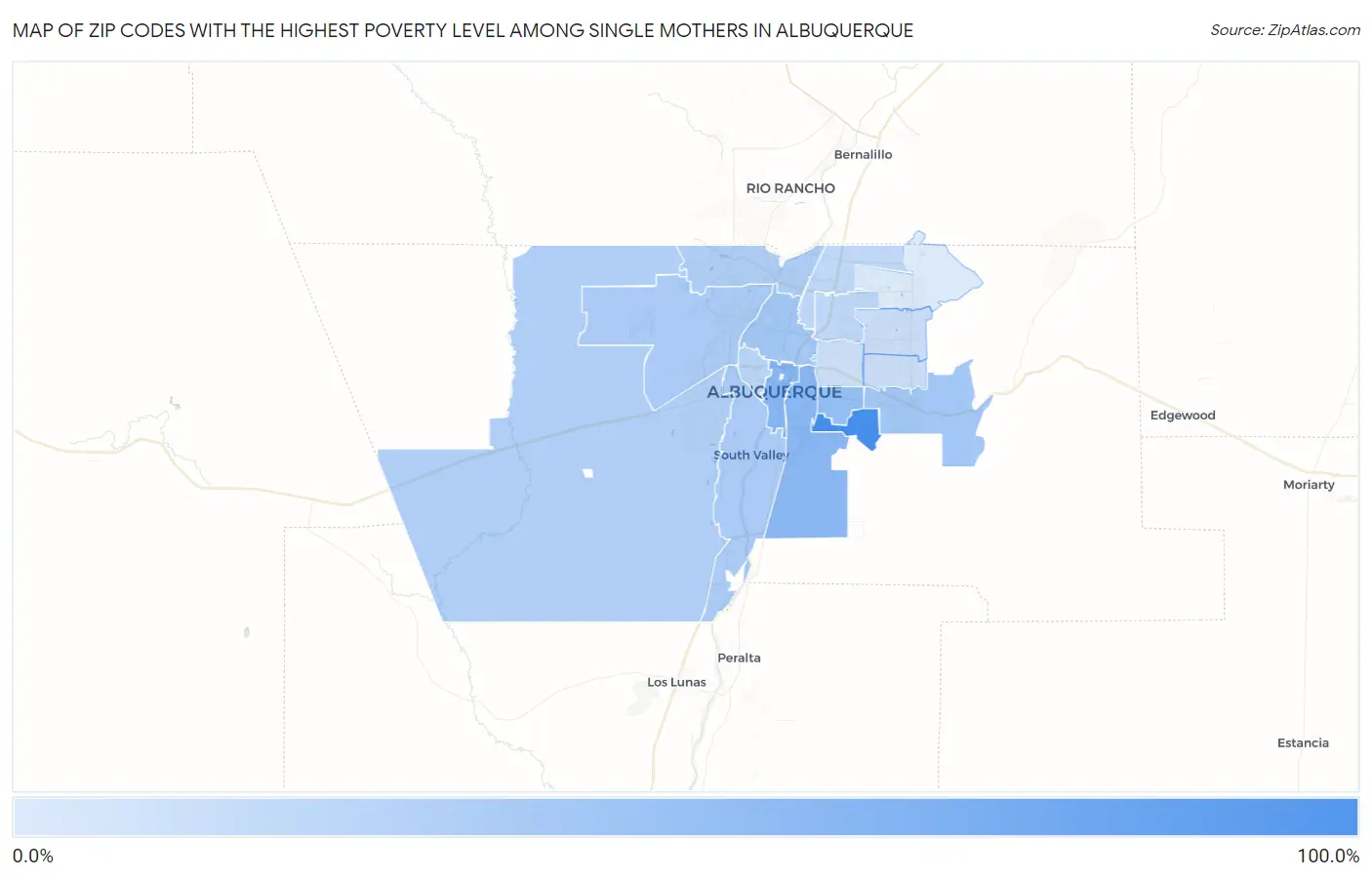 Zip Codes with the Highest Poverty Level Among Single Mothers in Albuquerque Map