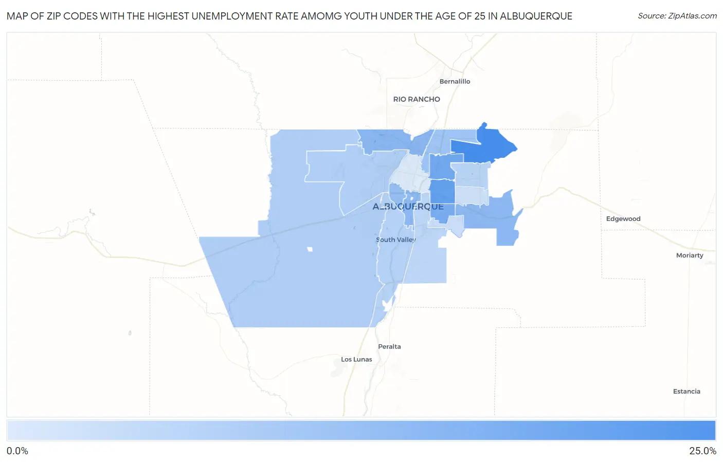 Zip Codes with the Highest Unemployment Rate Amomg Youth Under the Age of 25 in Albuquerque Map