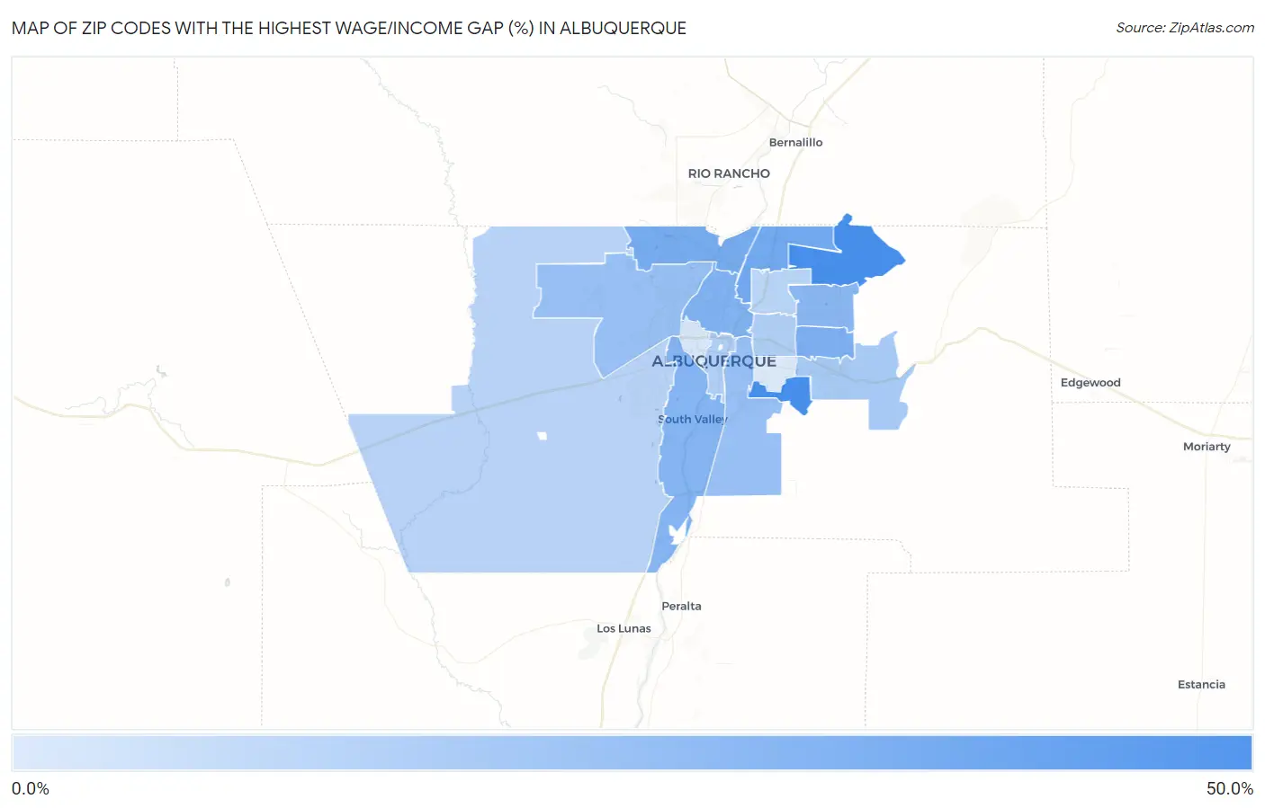 Zip Codes with the Highest Wage/Income Gap (%) in Albuquerque Map