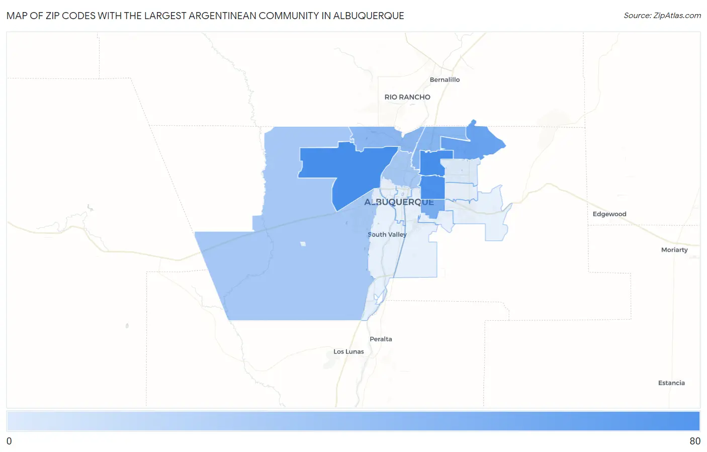 Zip Codes with the Largest Argentinean Community in Albuquerque Map