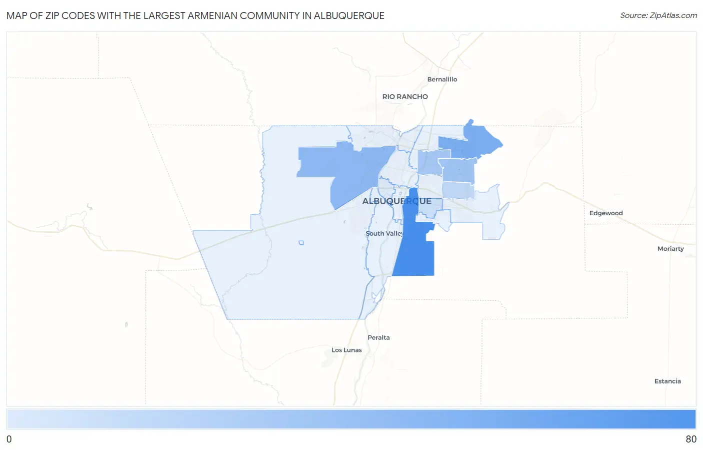 Zip Codes with the Largest Armenian Community in Albuquerque Map