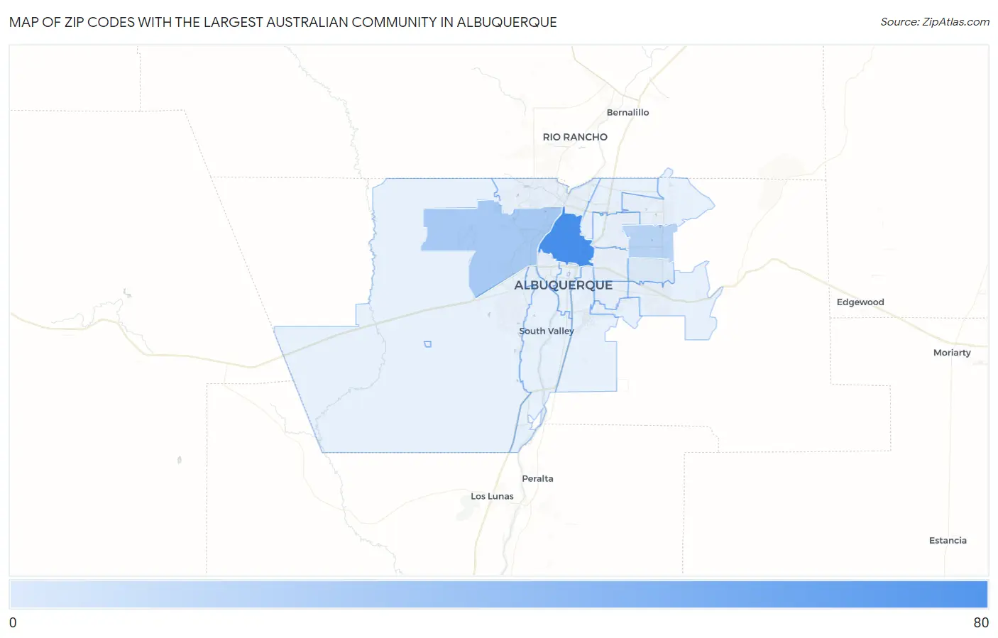 Zip Codes with the Largest Australian Community in Albuquerque Map