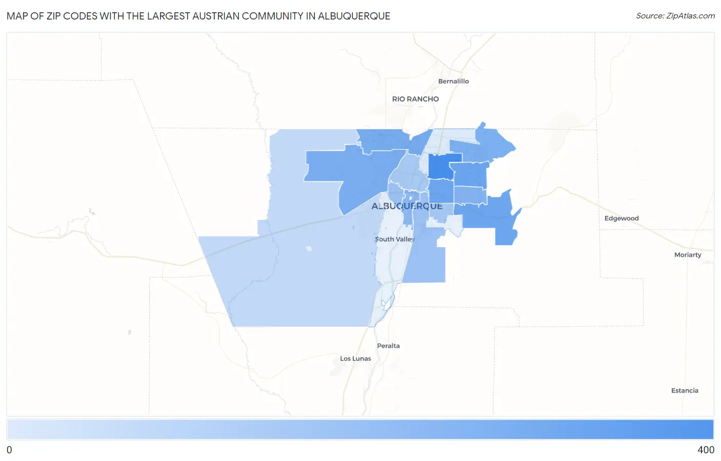 Zip Codes with the Largest Austrian Community in Albuquerque Map