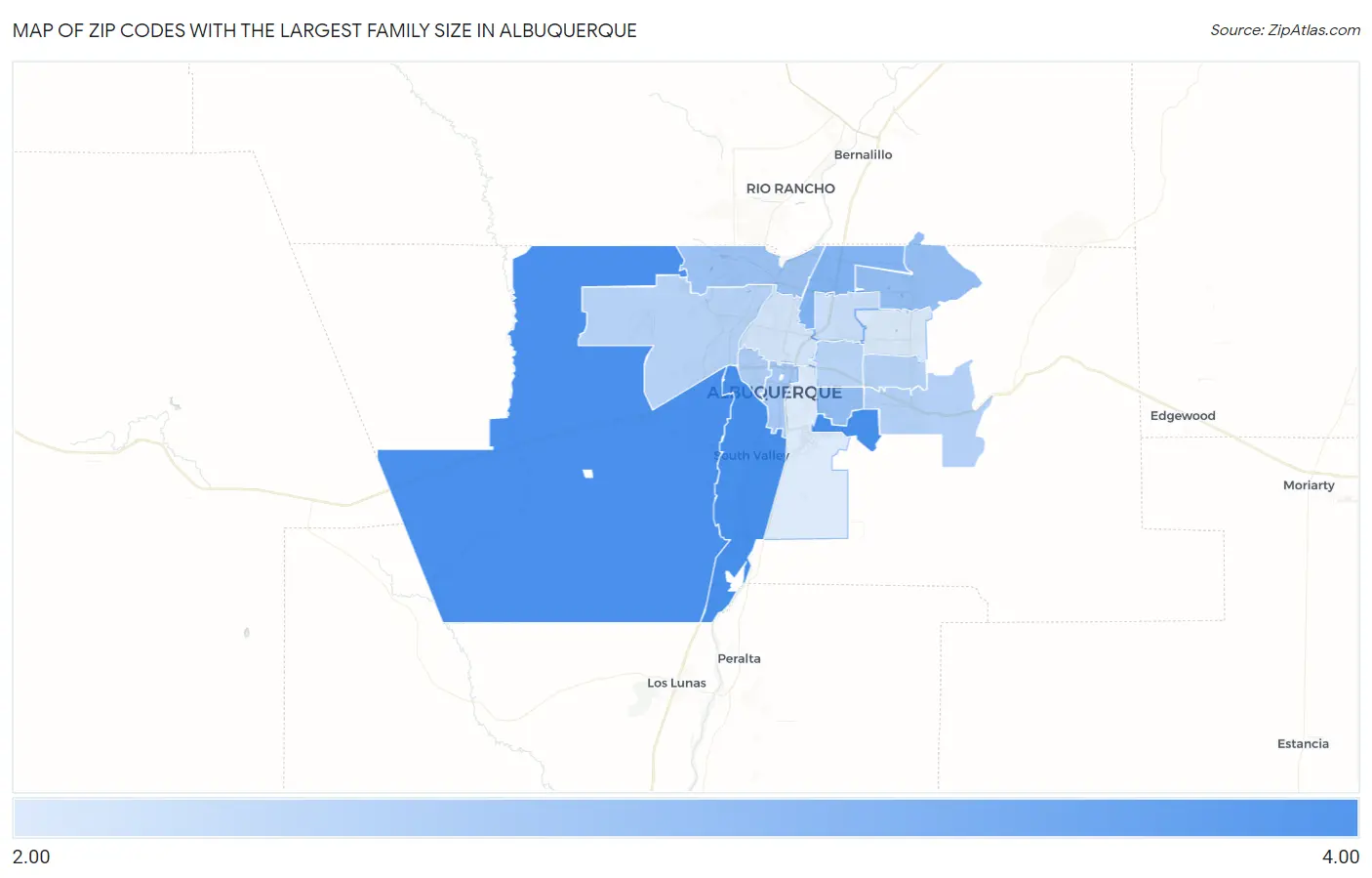Zip Codes with the Largest Family Size in Albuquerque Map