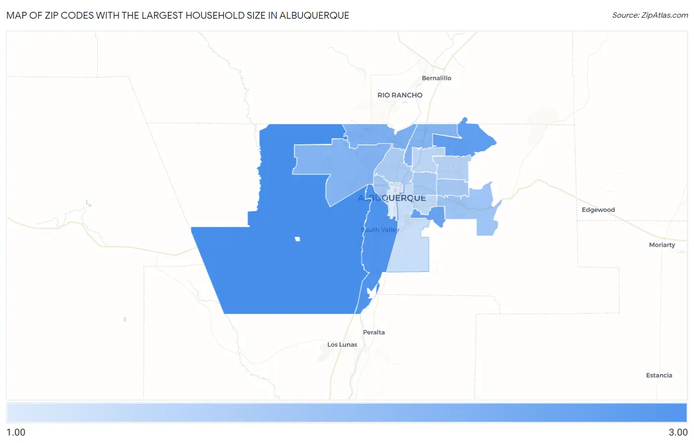 Zip Codes with the Largest Household Size in Albuquerque Map