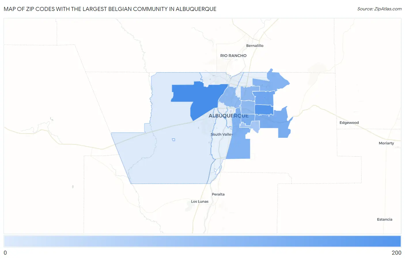 Zip Codes with the Largest Belgian Community in Albuquerque Map