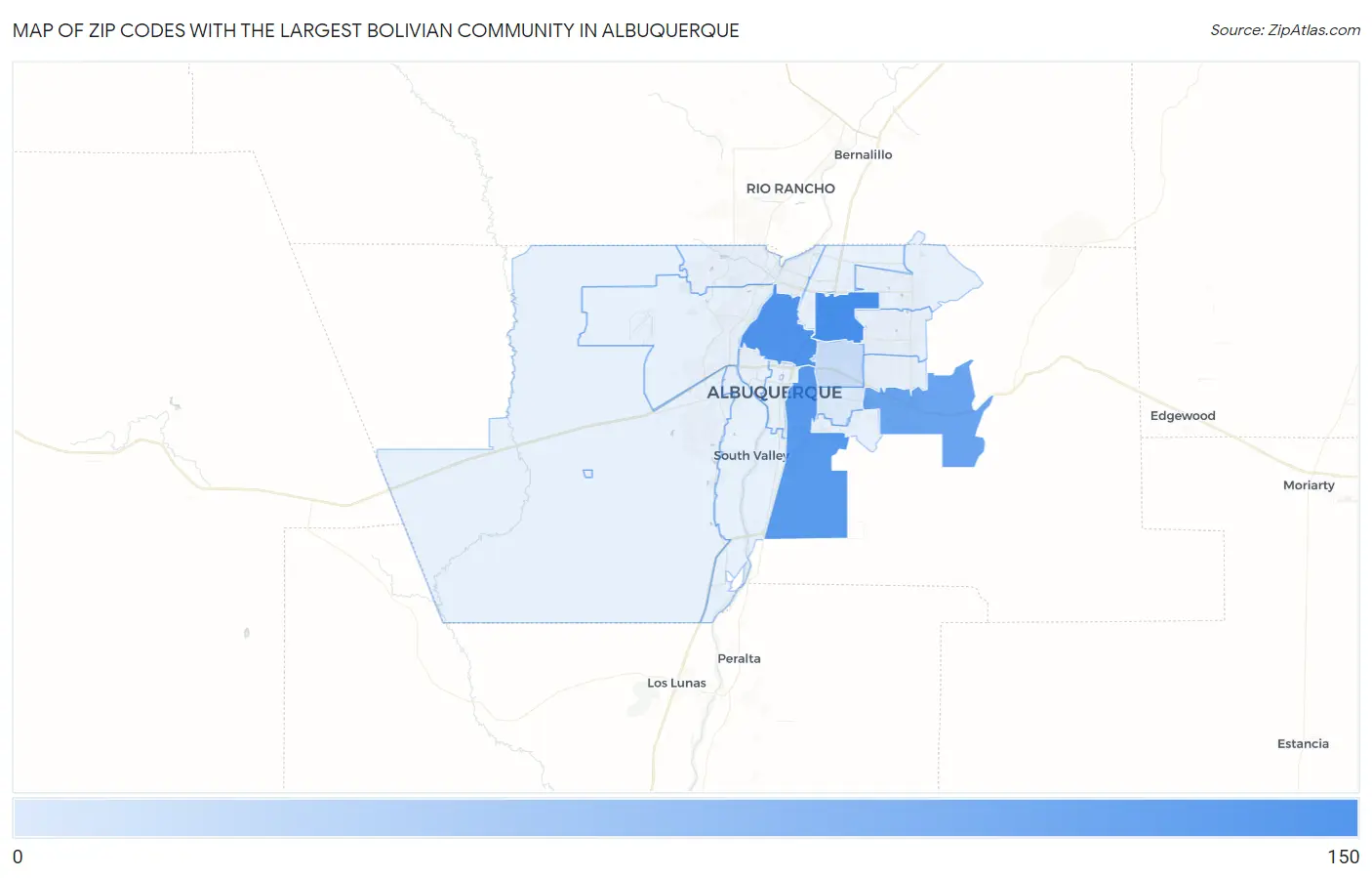 Zip Codes with the Largest Bolivian Community in Albuquerque Map