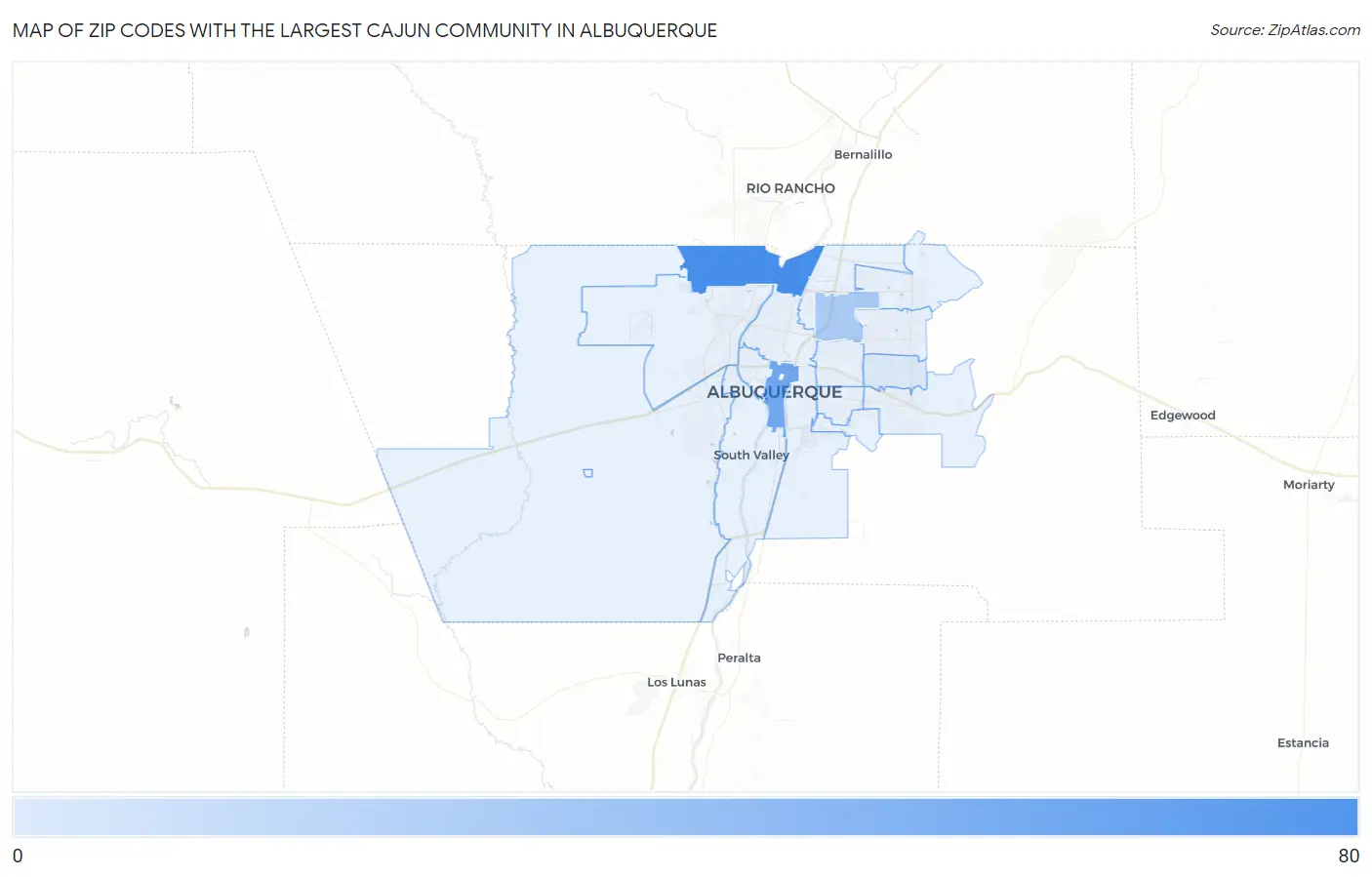 Zip Codes with the Largest Cajun Community in Albuquerque Map