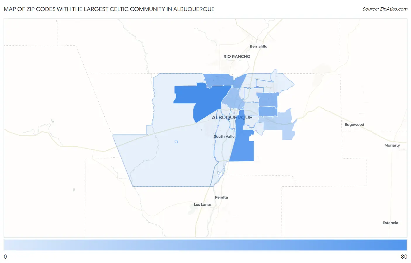 Zip Codes with the Largest Celtic Community in Albuquerque Map