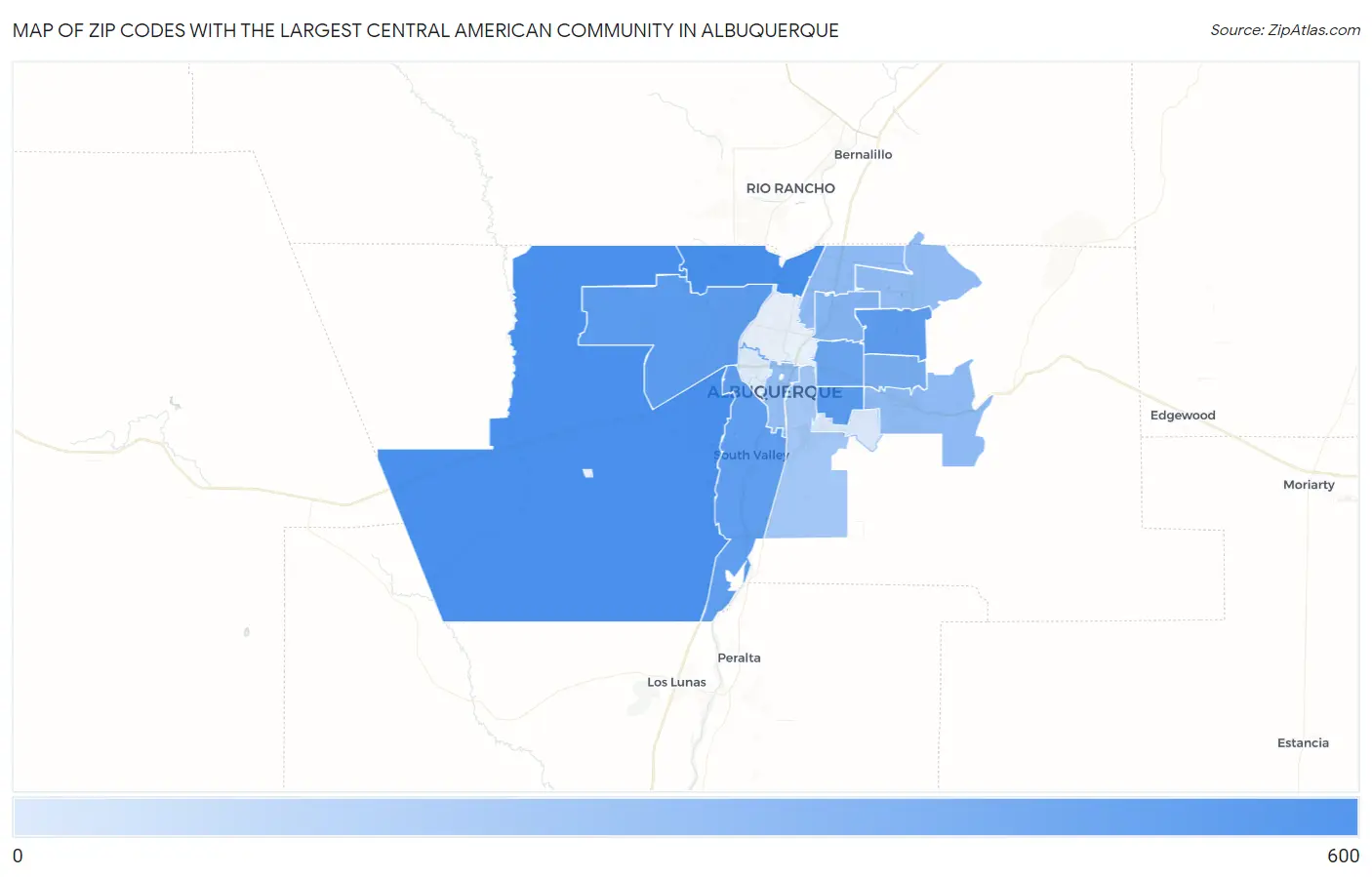 Zip Codes with the Largest Central American Community in Albuquerque Map