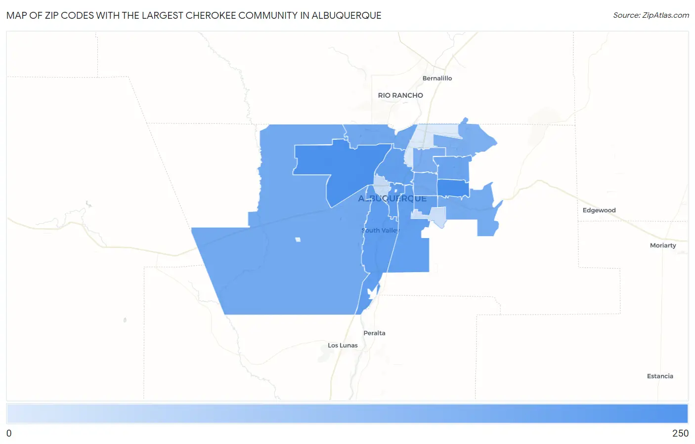 Zip Codes with the Largest Cherokee Community in Albuquerque Map