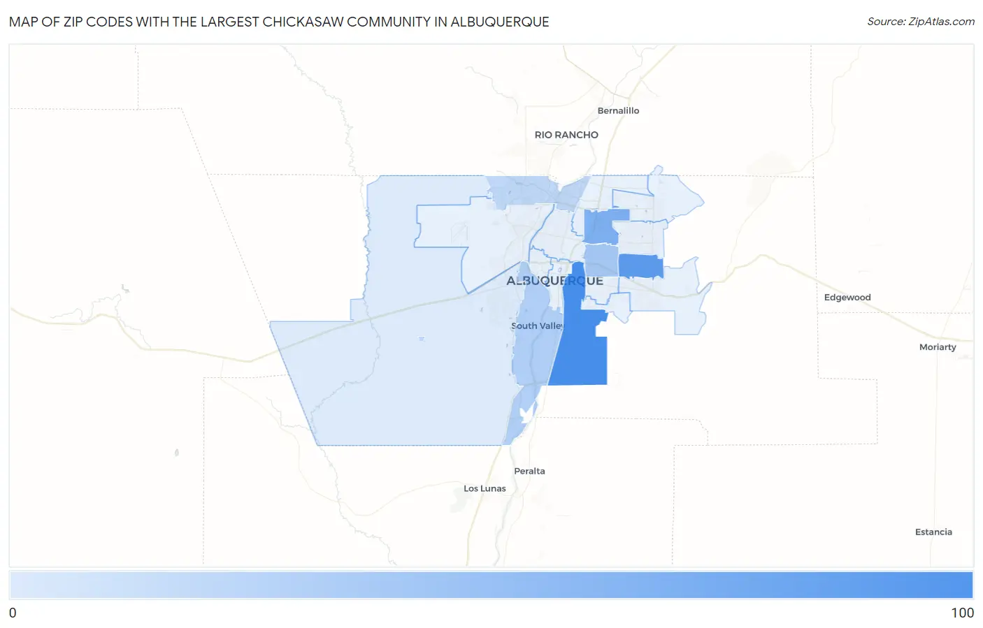 Zip Codes with the Largest Chickasaw Community in Albuquerque Map