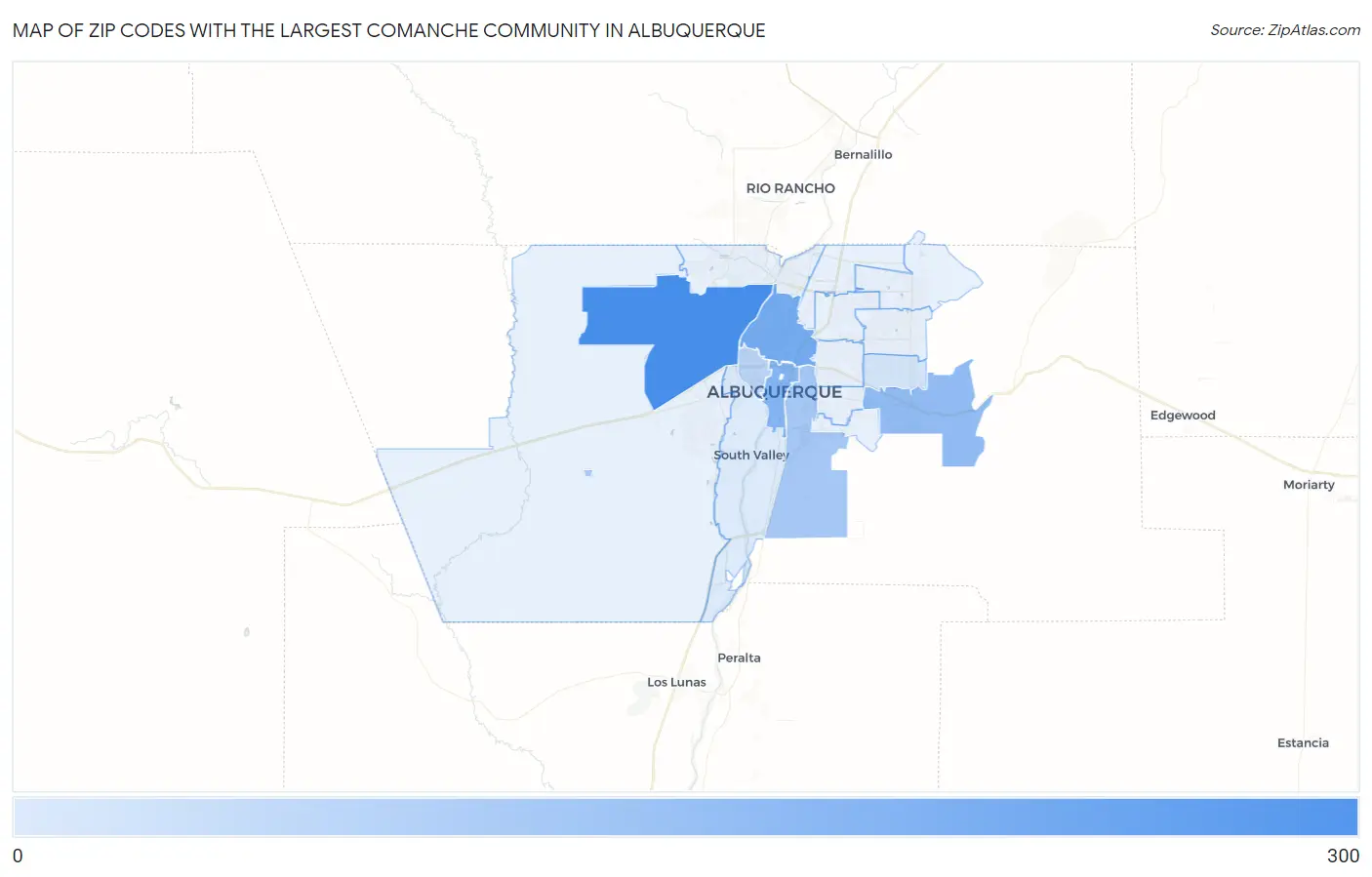 Zip Codes with the Largest Comanche Community in Albuquerque Map