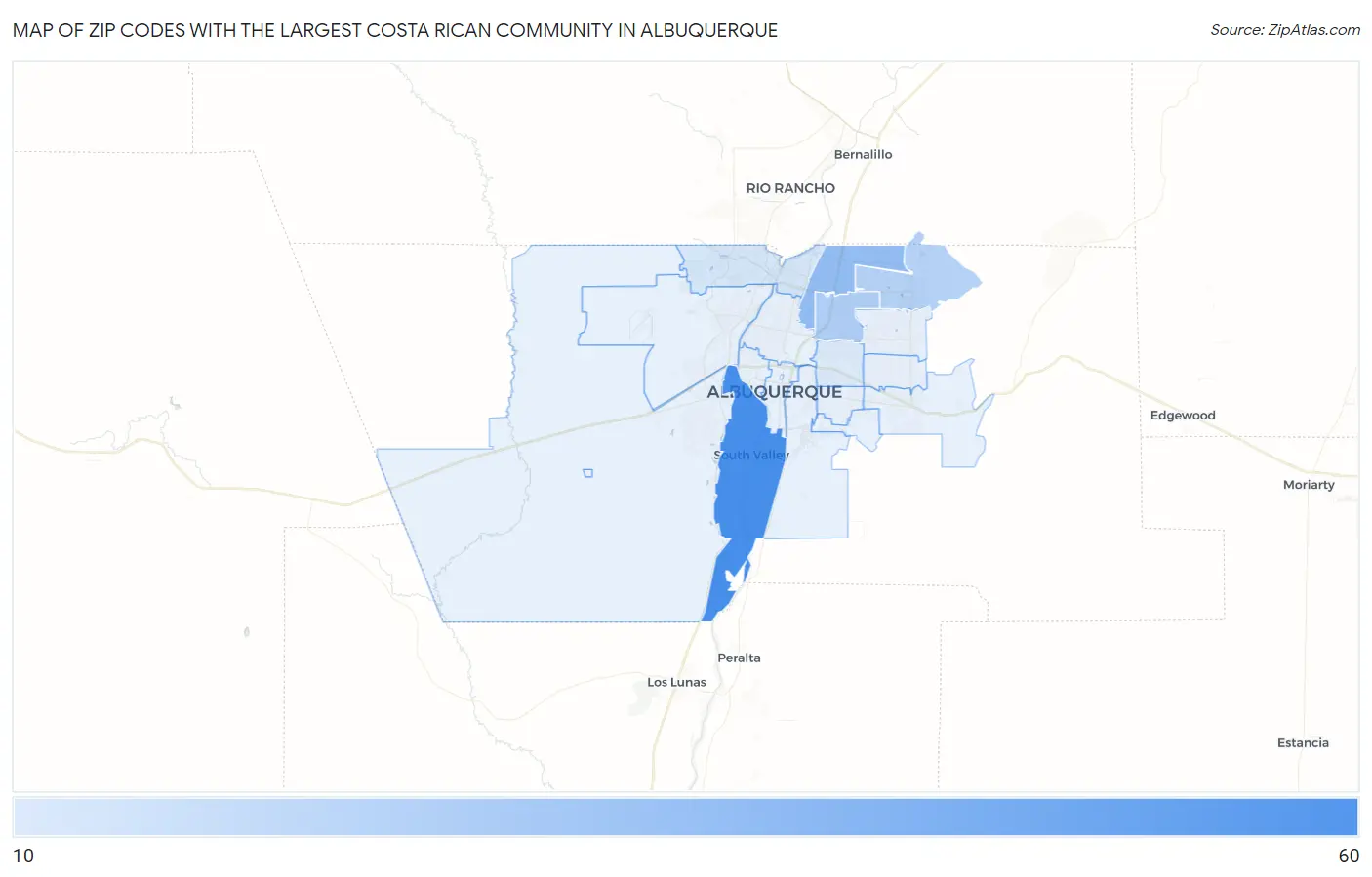 Zip Codes with the Largest Costa Rican Community in Albuquerque Map