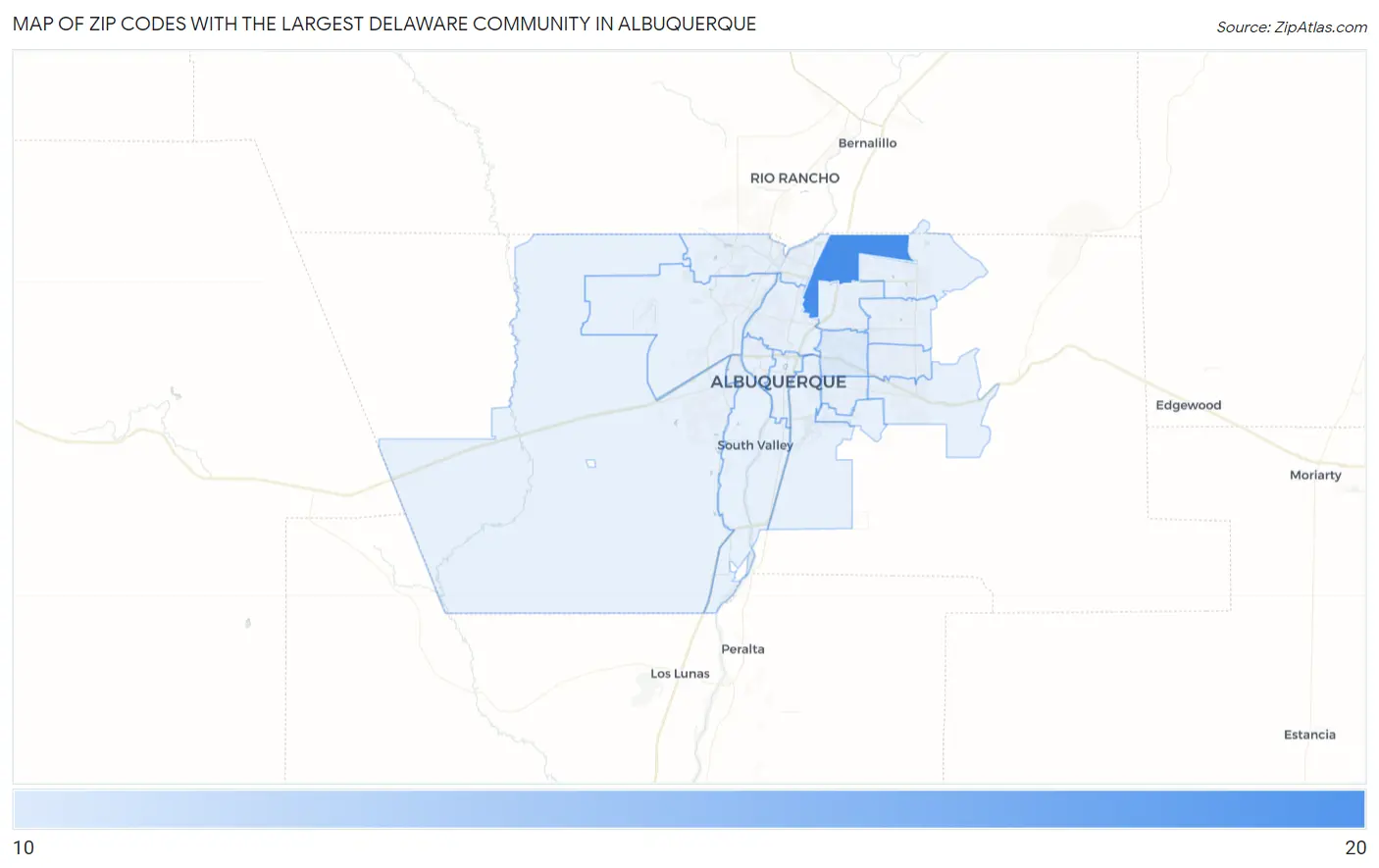 Zip Codes with the Largest Delaware Community in Albuquerque Map