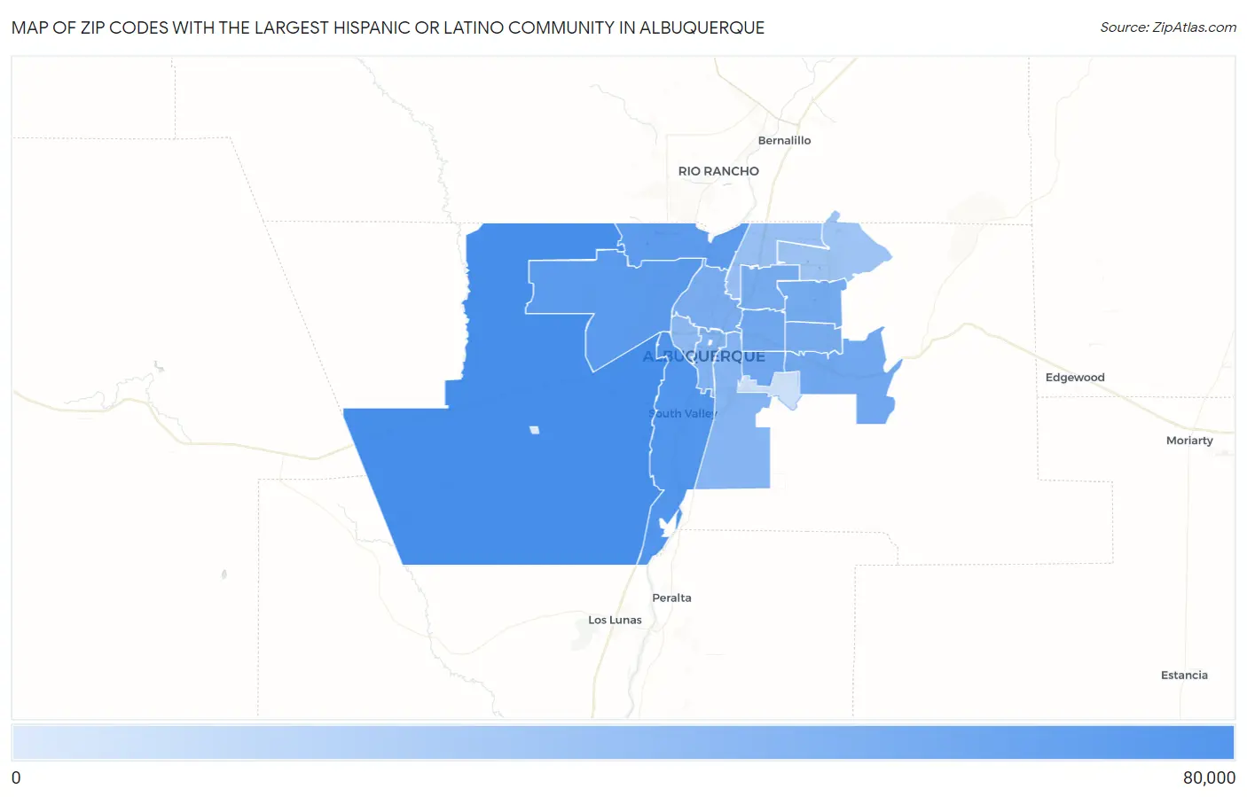 Zip Codes with the Largest Hispanic or Latino Community in Albuquerque Map