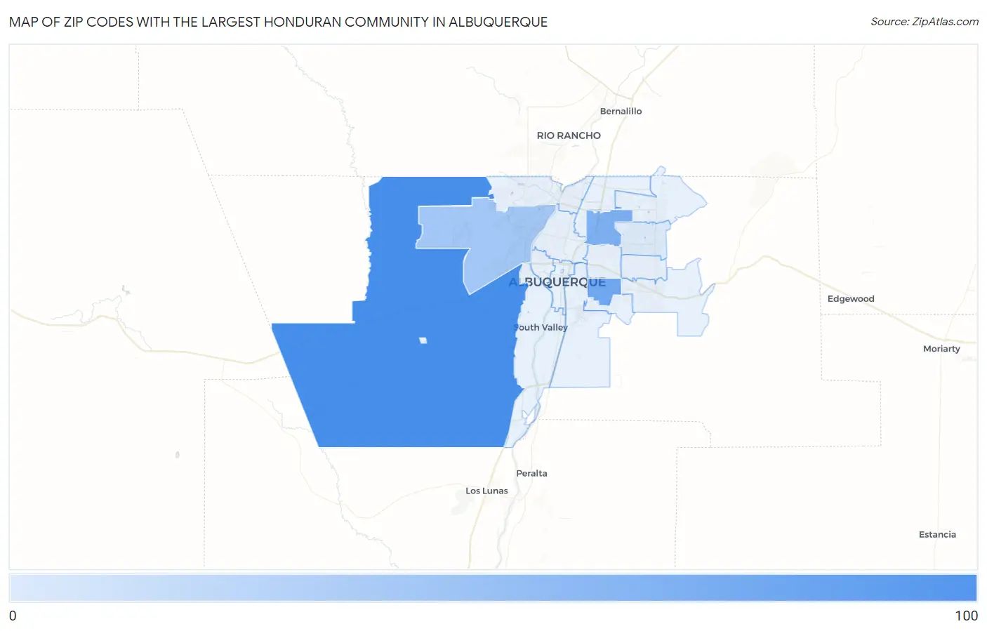 Zip Codes with the Largest Honduran Community in Albuquerque Map