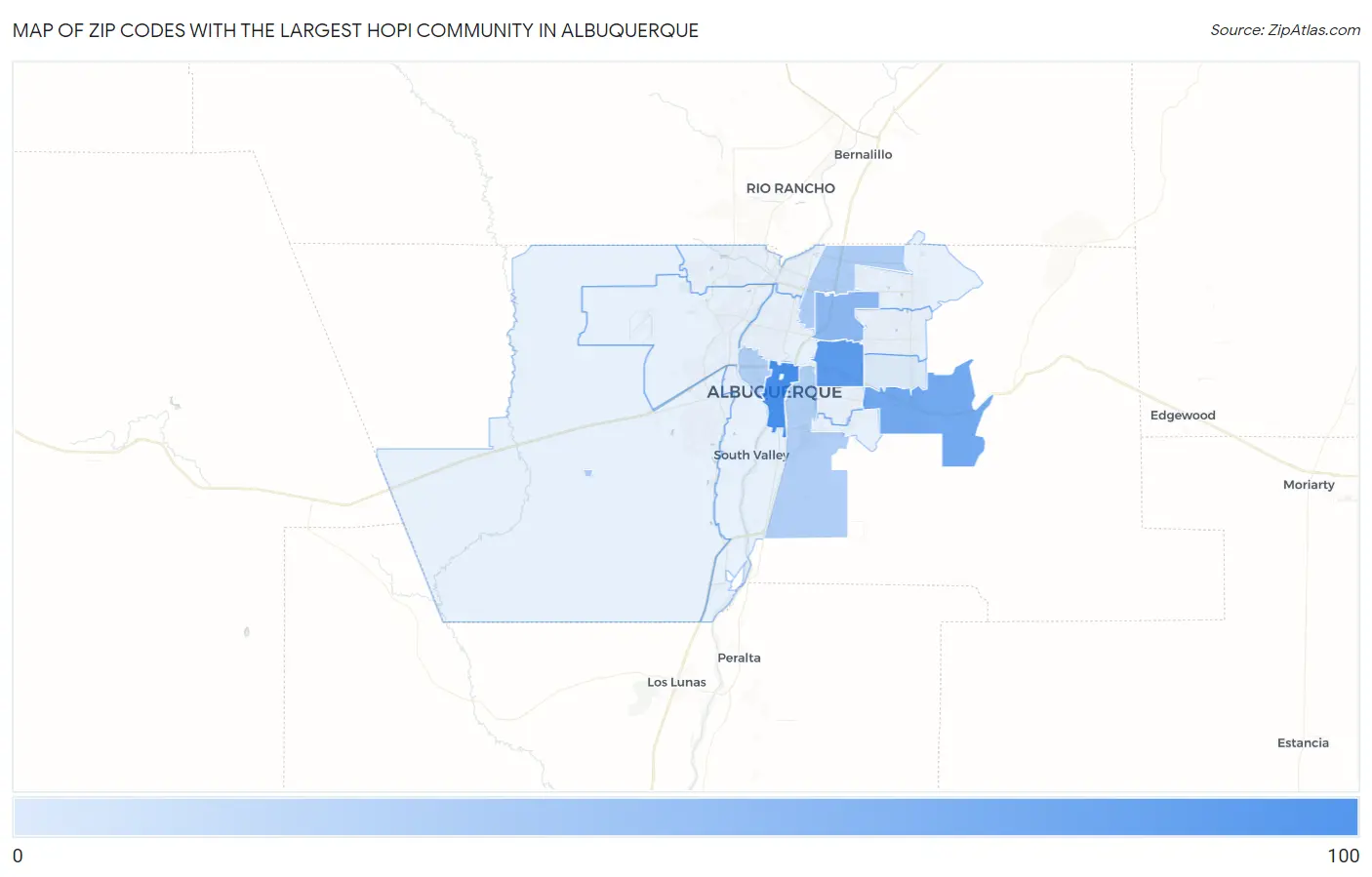 Zip Codes with the Largest Hopi Community in Albuquerque Map