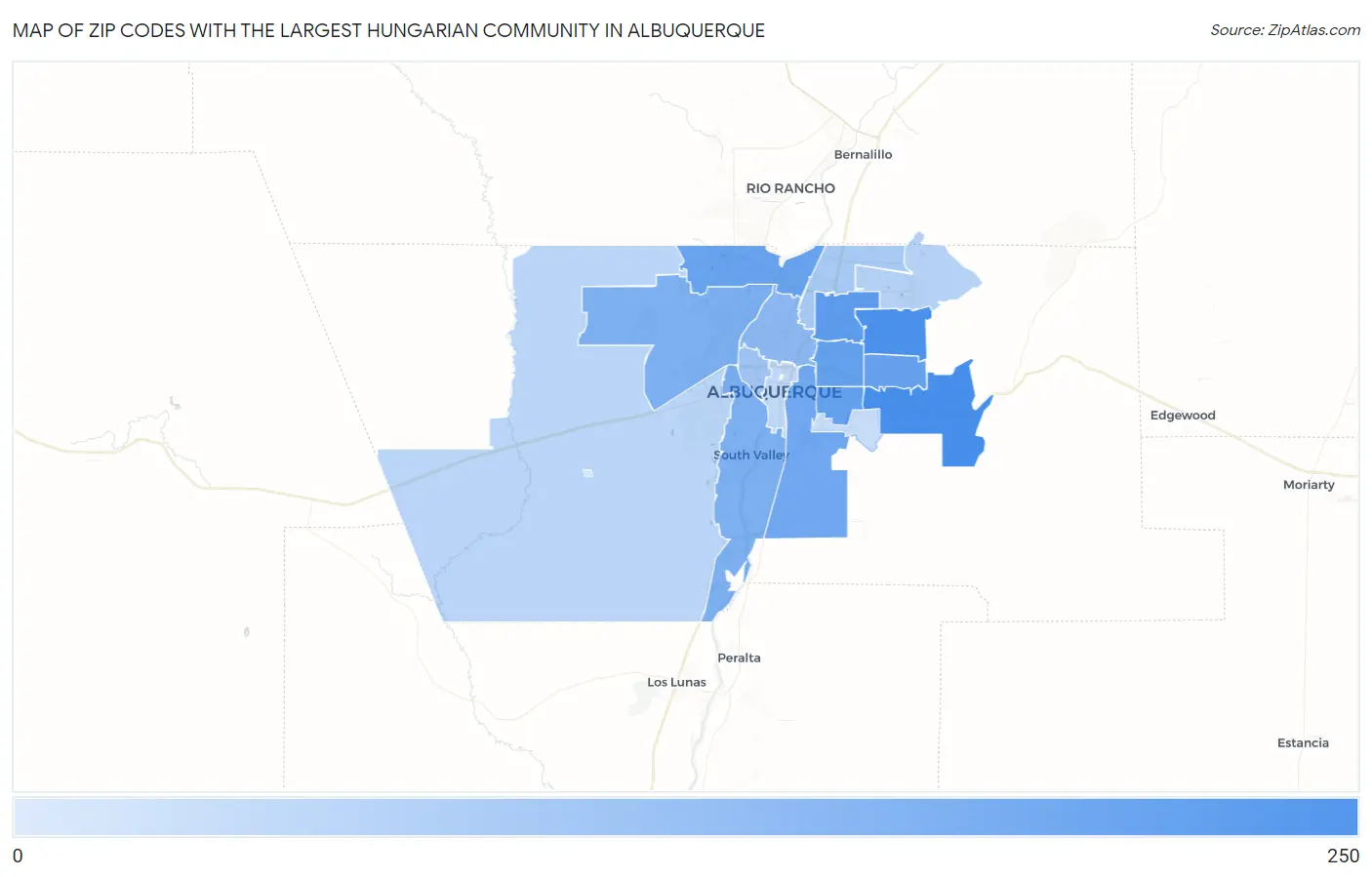 Zip Codes with the Largest Hungarian Community in Albuquerque Map
