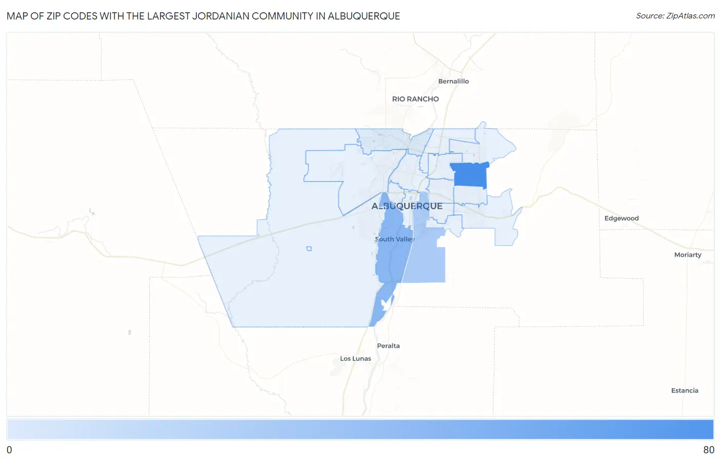 Zip Codes with the Largest Jordanian Community in Albuquerque Map