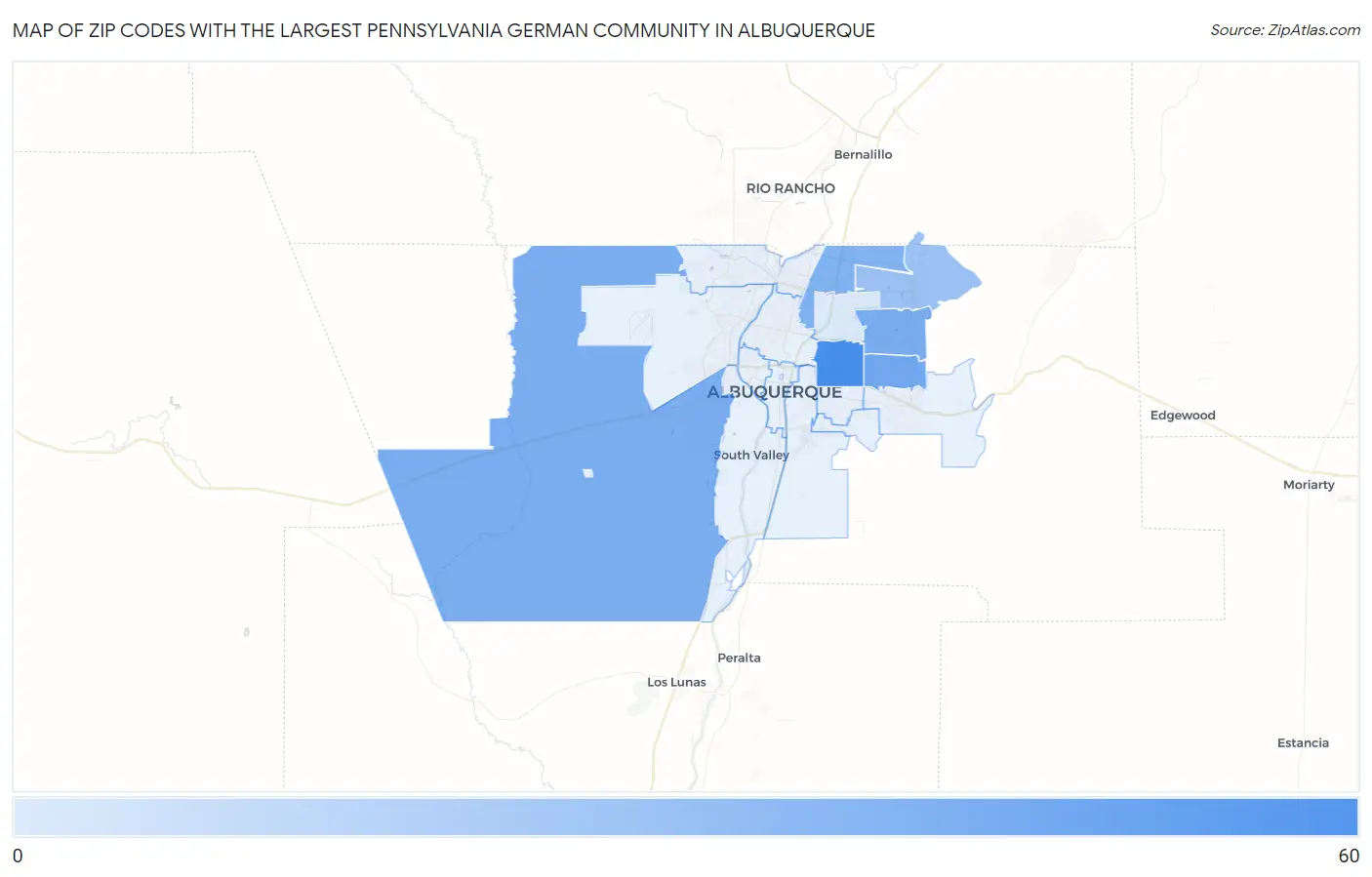 Zip Codes with the Largest Pennsylvania German Community in Albuquerque Map