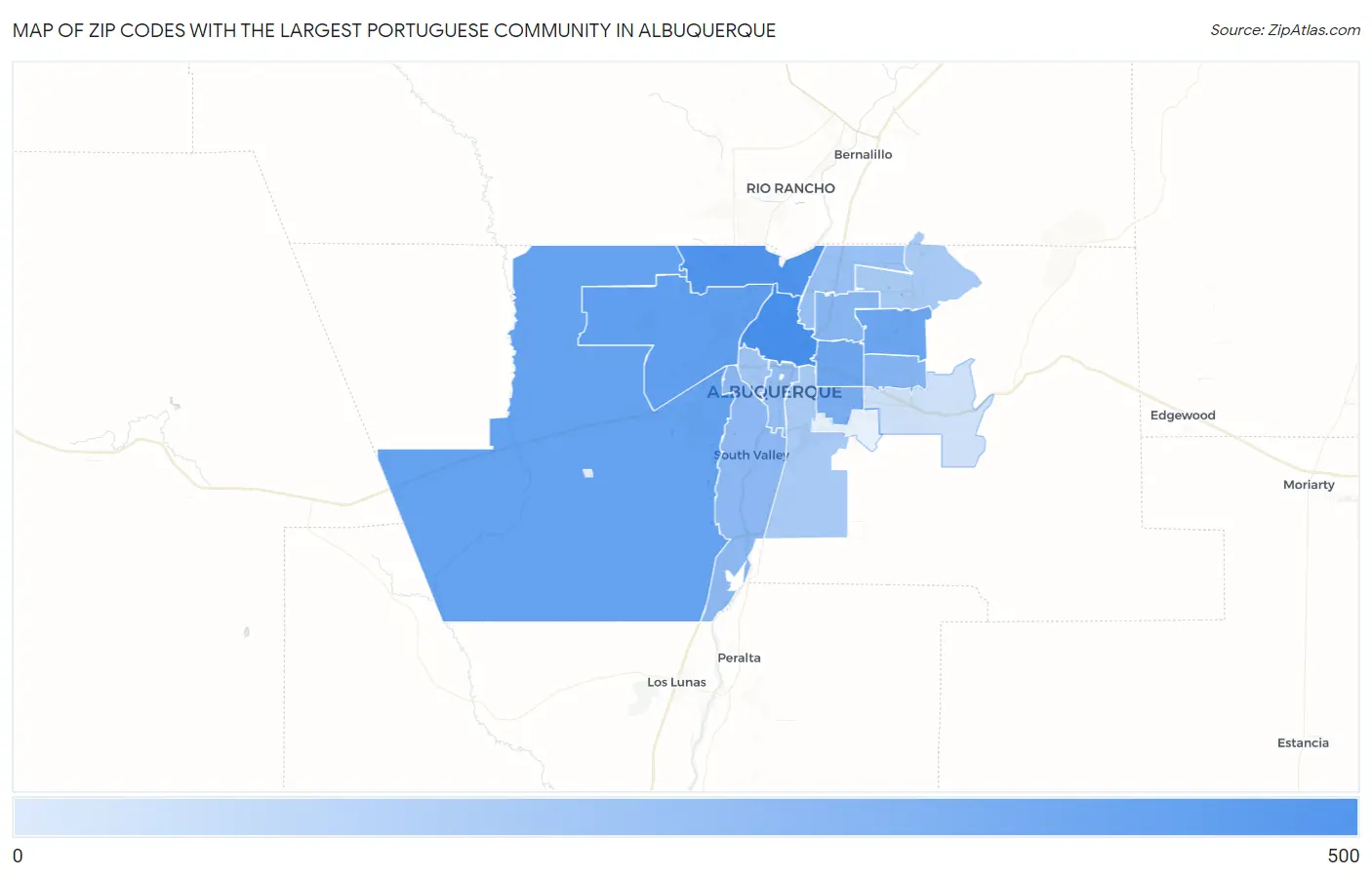 Zip Codes with the Largest Portuguese Community in Albuquerque Map