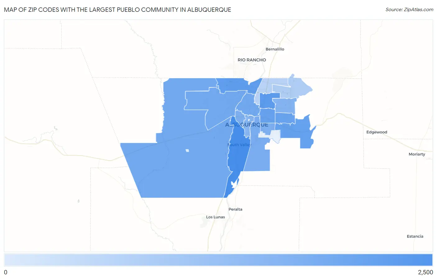 Zip Codes with the Largest Pueblo Community in Albuquerque Map