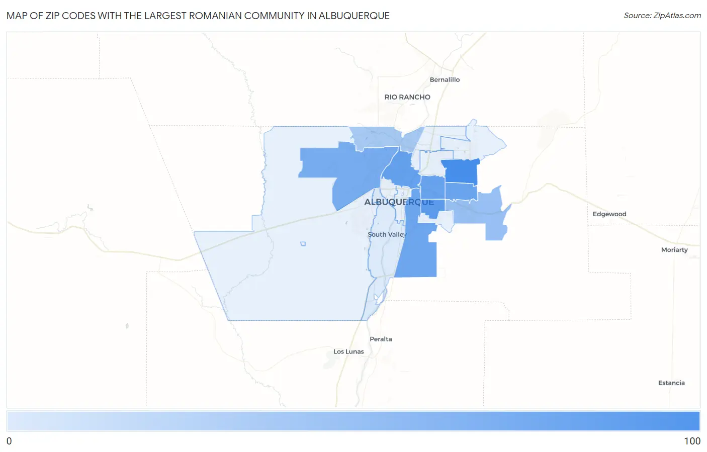 Zip Codes with the Largest Romanian Community in Albuquerque Map