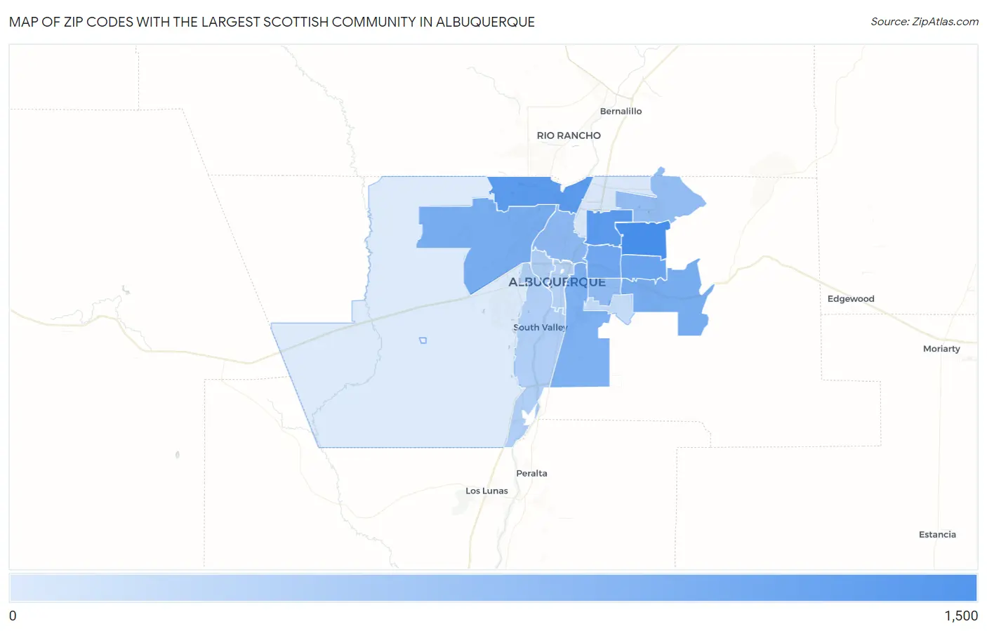 Zip Codes with the Largest Scottish Community in Albuquerque Map